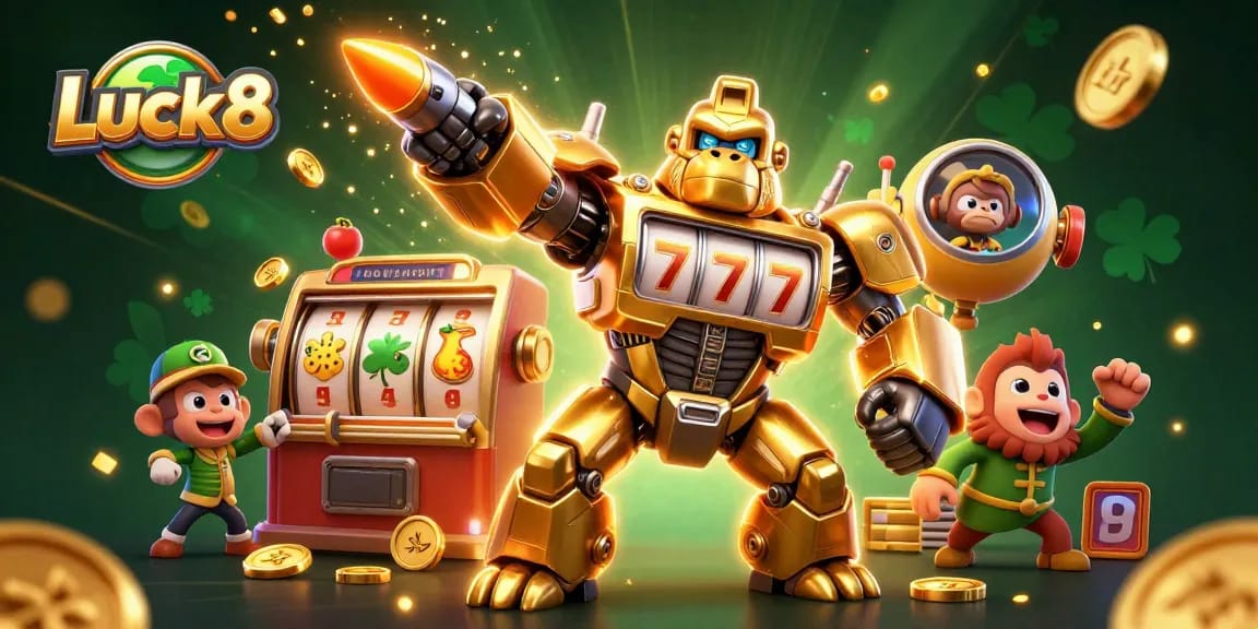Experience thrilling gameplay at Luck8 with dynamic slot game action illustrated in a vibrant 3D scene.