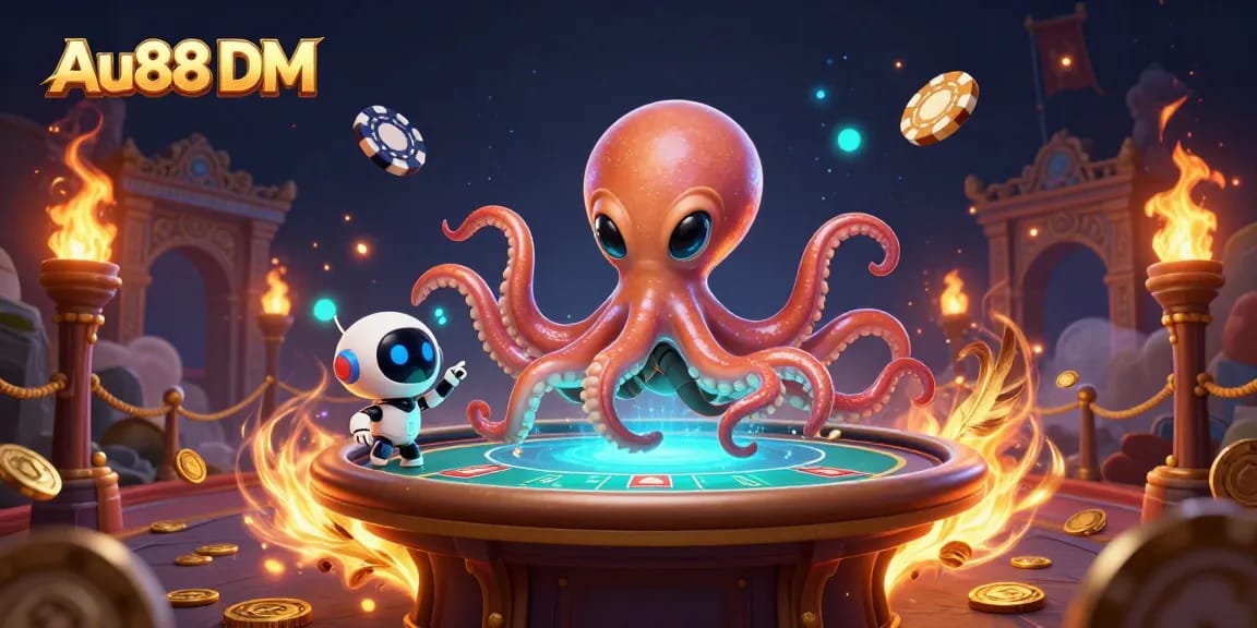 Experience thrilling gaming at Au88 DM with a unique 3D casino scene showcasing exciting poker action.
