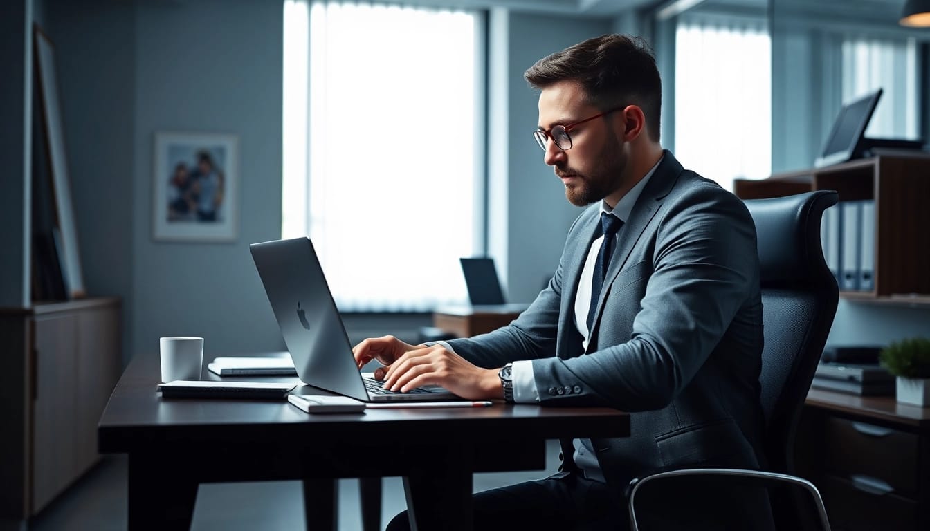 Headhunter IT im Büro, während er mit einem Laptop arbeitet und Notizen überprüft.