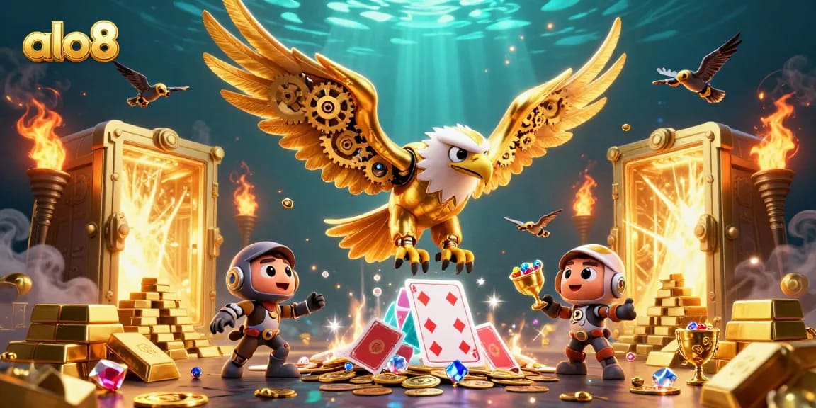 Experience the thrill of alo8 as a golden eagle dives through holographic cards amidst riches in a vibrant casino scene.