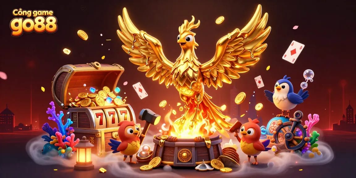 Experience the vibrant excitement of Cổng game go88 as molten metal phoenix releases golden coins in this dynamic casino scene.