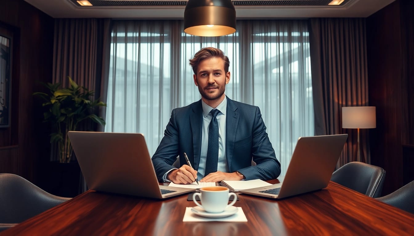 Professional Headhunter Monchengladbach bei der Arbeit, an einem eleganten Schreibtisch mit Laptop und Notizen.