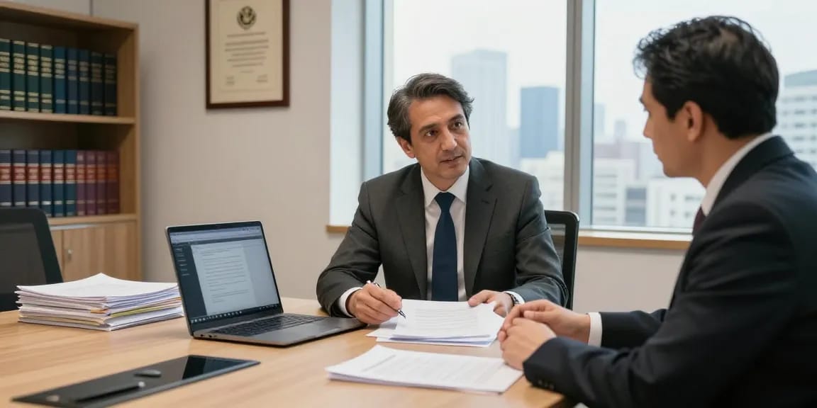 Consultation with a Turkish lawyer in a modern office, discussing legal strategies.