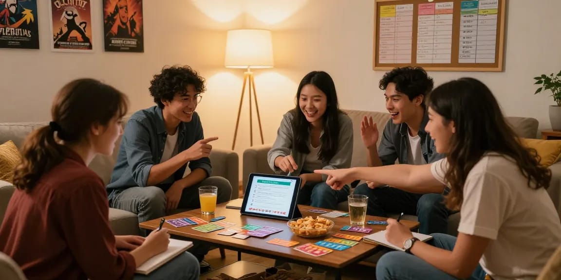Engaging quiz Allgemeinwissen night scene with friends discussing questions.