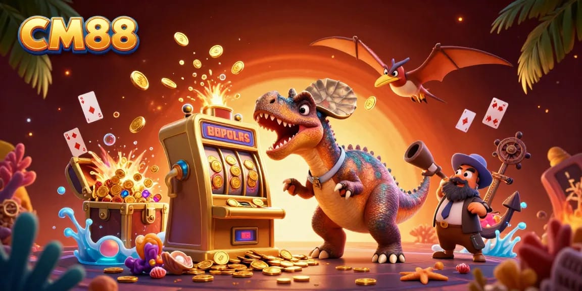 CM88 players celebrating a jackpot win with a slot machine surrounded by flying coins and vibrant casino elements.