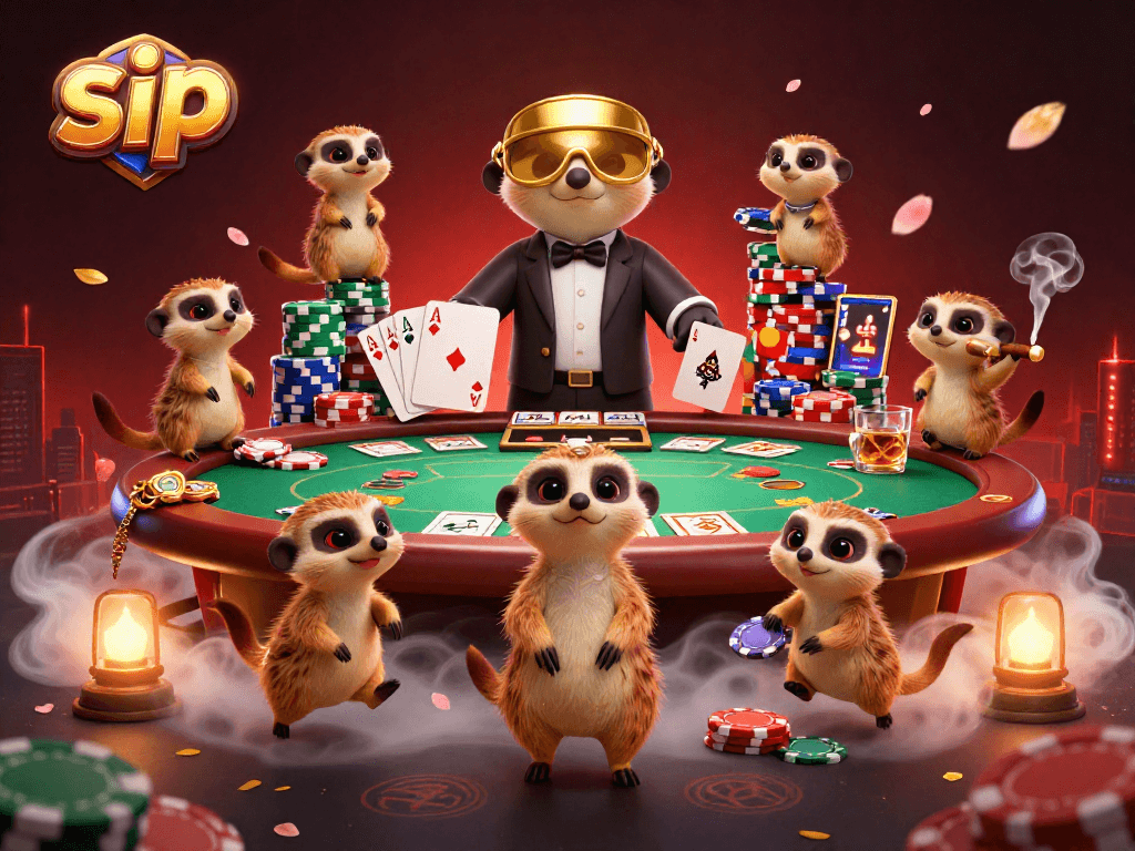 Sip in action at a lively casino with meerkats running a vibrant poker game, full of colorful chips.