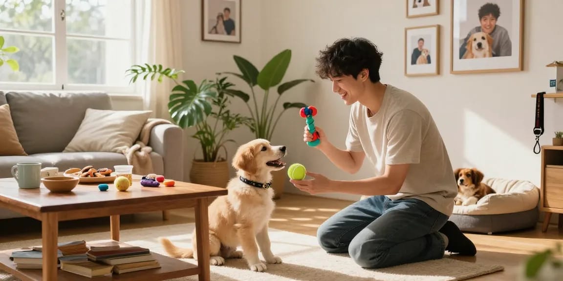 Couple playing with their puppy, showcasing rokok88 pet care joy in a cozy living room.