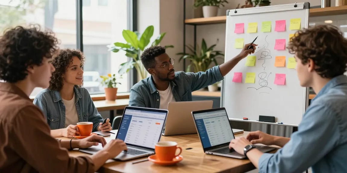 Eine Gruppe junger Erwachsener diskutiert Methoden zum Facebook Likes kaufen in einem modernen Café mit Laptops und Smartphones.
