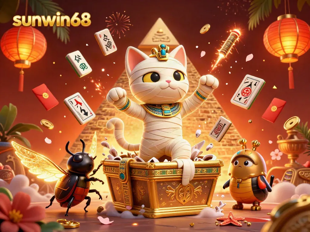 Experience thrilling gaming at sunwin68 with a vibrant casino scene featuring a mummy cat and golden sarcophagus.