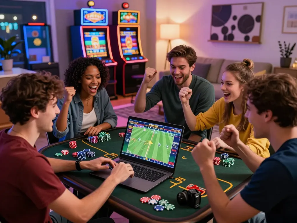 Friends enjoying FABET online betting with laptop and casino elements.