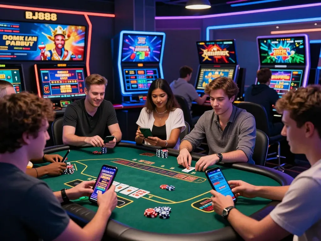 Players enjoying BJ888 online casino games in a vibrant digital interface, showcasing excitement and engagement.