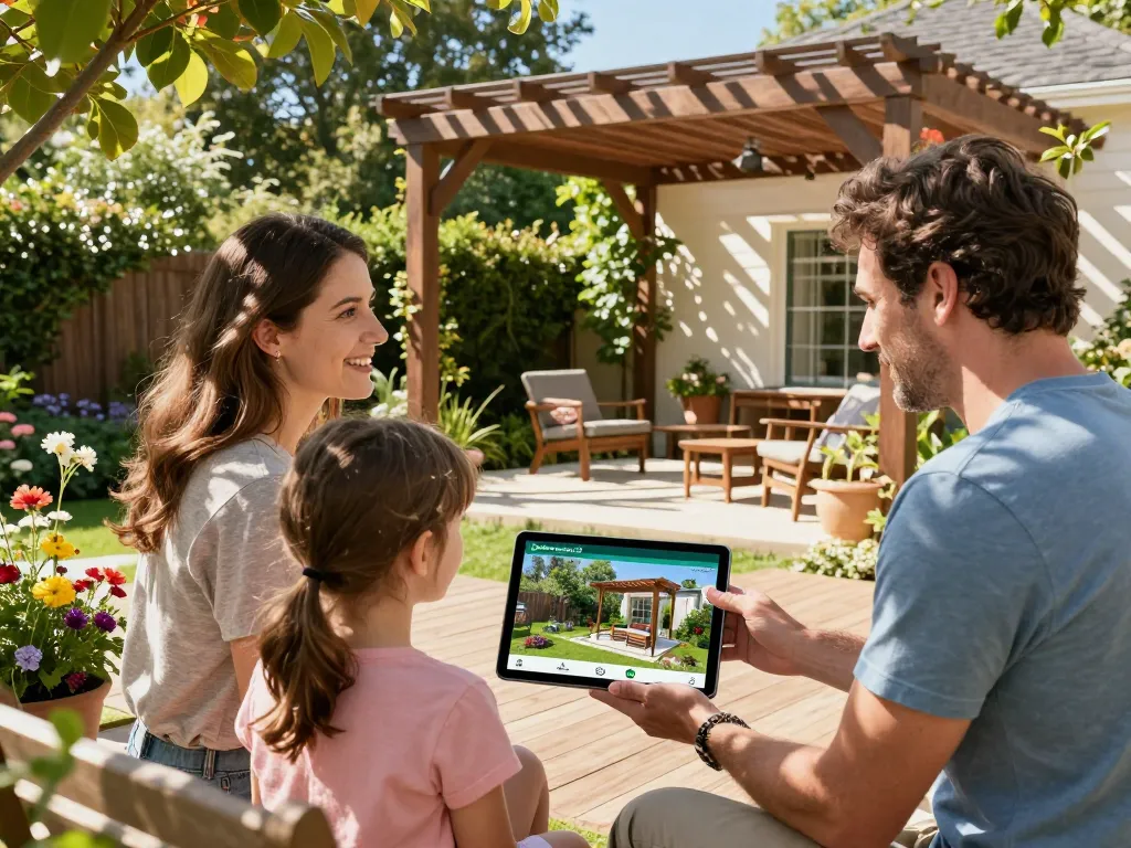 Familie erkundet den Pergola Konfigurator 3D in einer lebendigen Gartenlandschaft und interagiert mit interaktiven Designs.