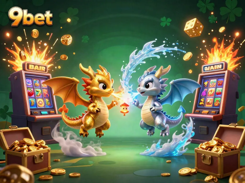 Experience the thrilling world of 9bet with gold and silver dragons, excitement-filled jackpots, and vibrant casino elements.