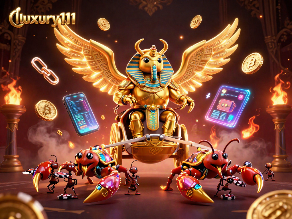 Engage with luxury111 in this vibrant 3D casino scene showcasing golden creatures and blockchain elements.