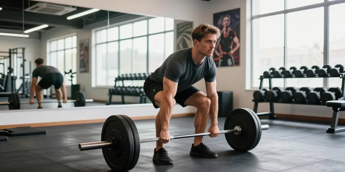 Athletischer Mann hebt Gewichte während einer Steroidshop-Trainingseinheit und zeigt Engagement und Stärke im Fitnessstudio.