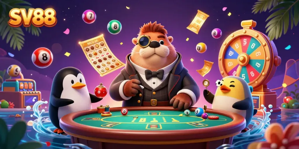Experience exciting SV88 gameplay with the jolly walrus at an underwater poker table, surrounded by dynamic casino elements.