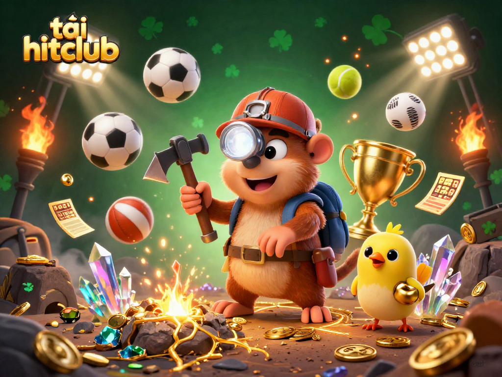 Play and win at tải hitclub with this dynamic gaming scene featuring treasure hunting and sports betting.