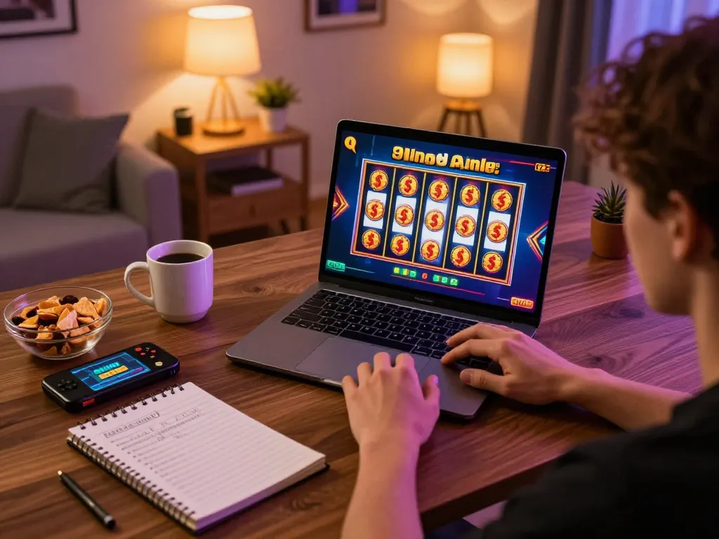 Engaging game moment on 98win9, player winning on slot machine in cozy home setting