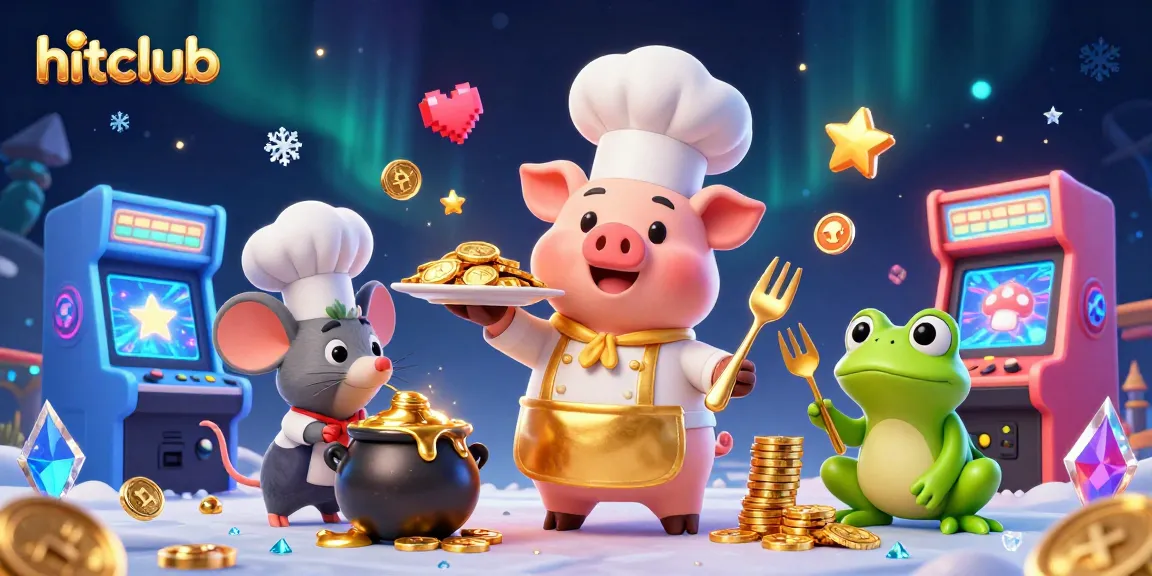 Hitclub showcases a pig chef serving golden coins in a lively casino scene filled with 3D games.