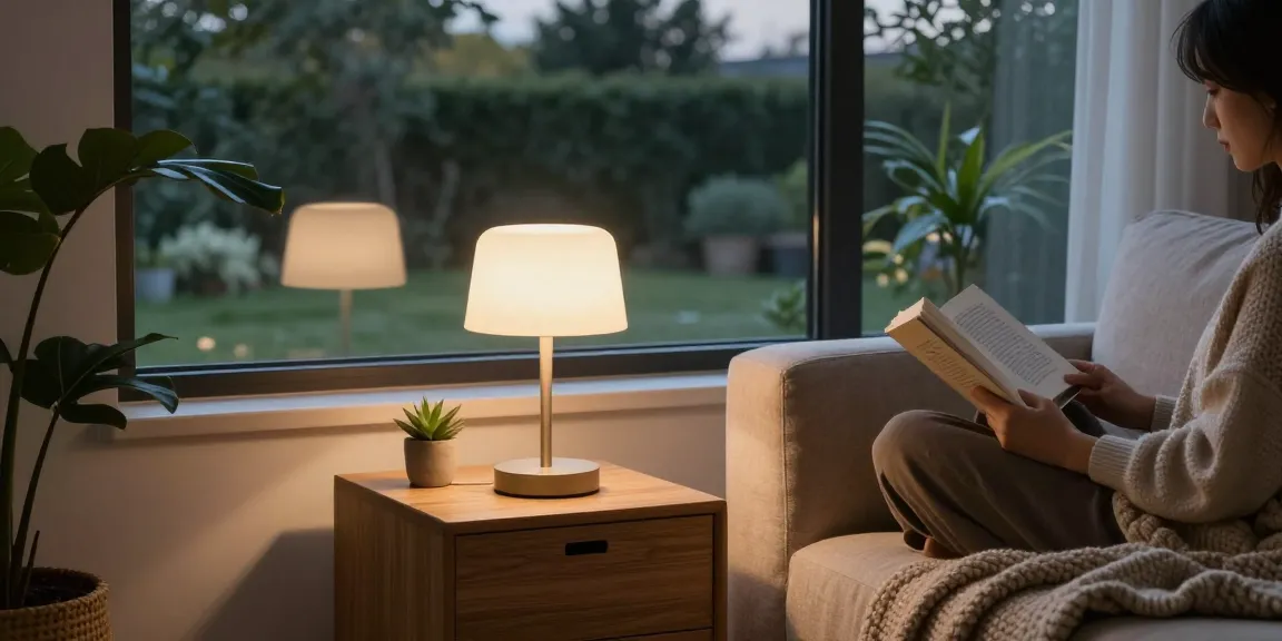 Elegante skandinavische Nachttischlampe, die die gemütliche Atmosphäre einer Leseecke verbessert.