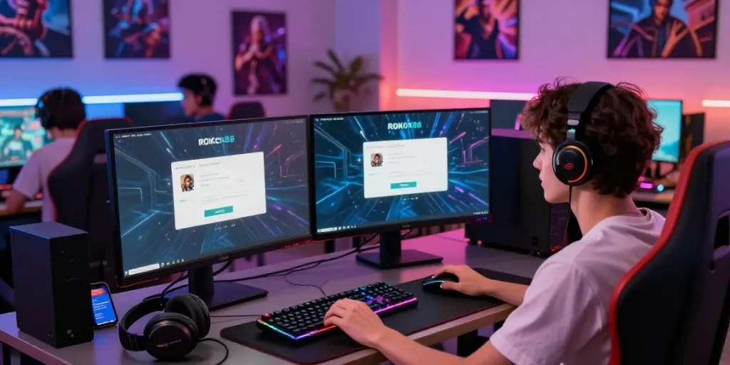 Energetic person using rokok88 login on dual monitors in a vibrant gaming setup.