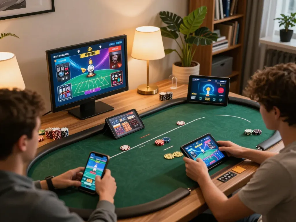 Players engaging in online poker at home with f168 app on tablet, showcasing strategy and excitement.
