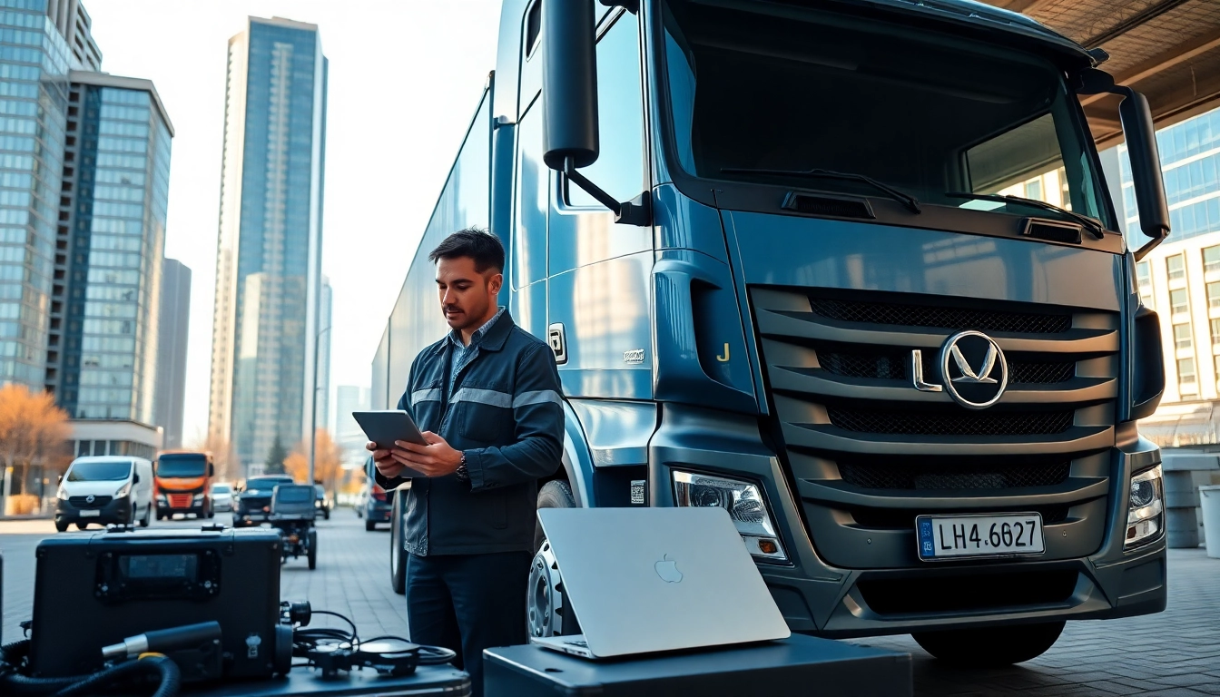 Lkw Gutachter Augsburg analysiert einen Lastwagen in einer urbanen Umgebung mit professionellen Werkzeugen.
