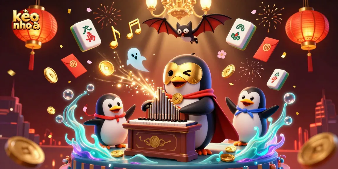 Engage with kèo nhà cái strategies in this vibrant casino-themed 3D illustration featuring a penguin organist.