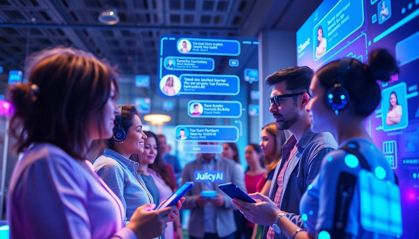 Engaging users in vibrant conversations with Juicy AI chatbot in a futuristic setting.