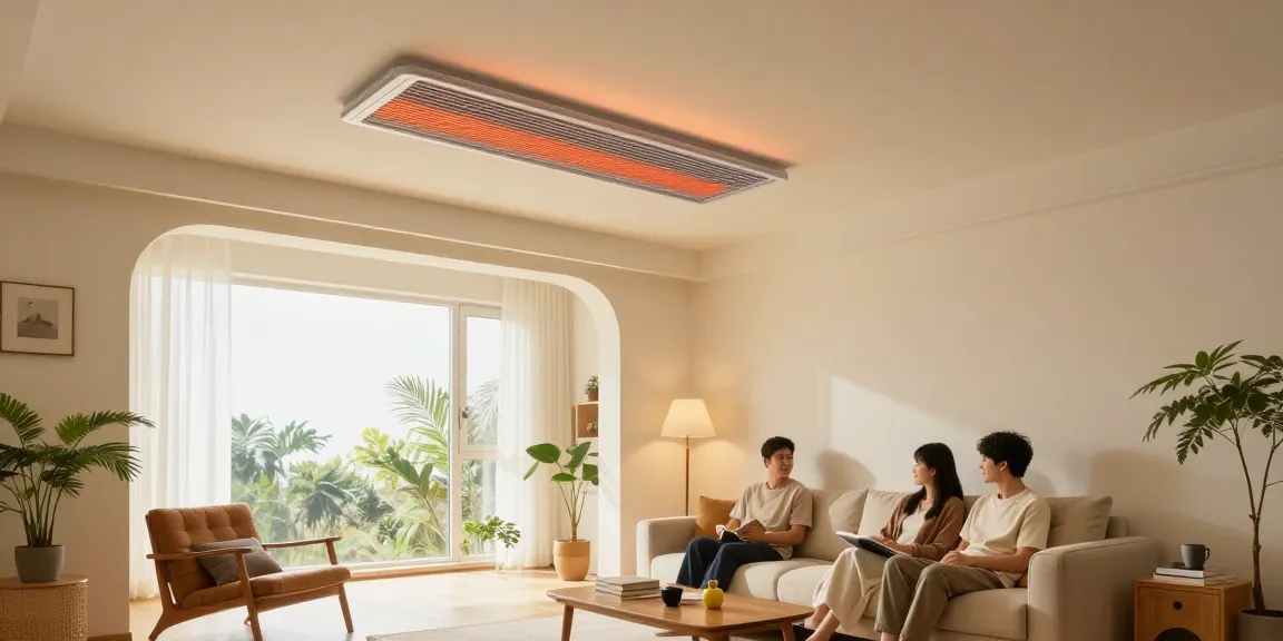 Gemütliches Wohnzimmer mit Infrarotheizungsmodul an der Decke, Familie genießt die warme Atmosphäre.