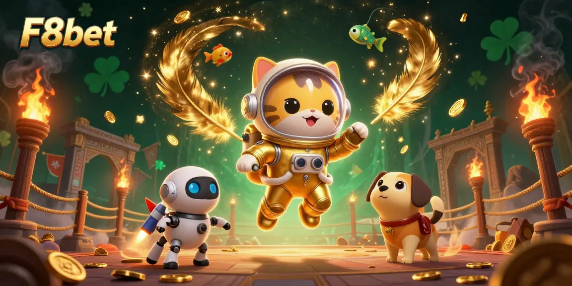 Engage with F8bet in a lively online casino scene showcasing an astronaut cat and robot dog.