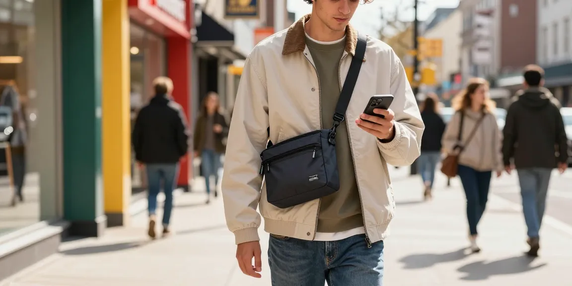 Stylischer Mann mit wasserdichter Umhängetasche in urbaner Umgebung, die moderne Mode und Funktionalität vereint.