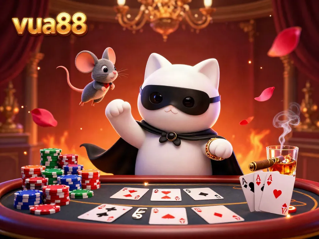 Engage with a captivating vua88 casino scene featuring a whimsical cat and poker elements.