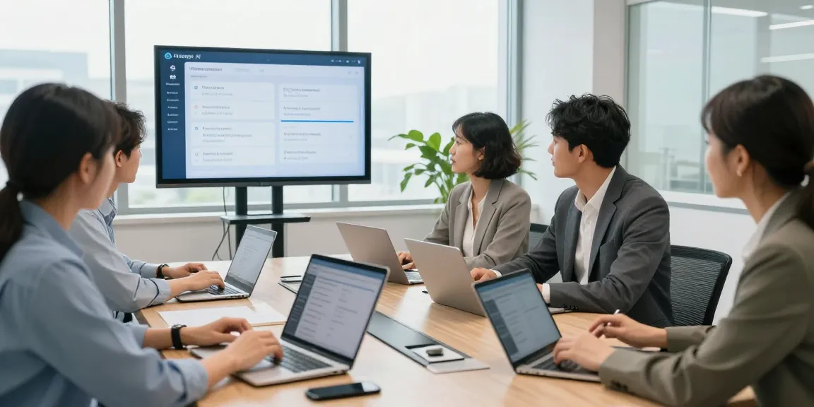 Die besten Sprachübersetzer in einer Büroszene, wo Fachleute in Echtzeit kommunizieren.
