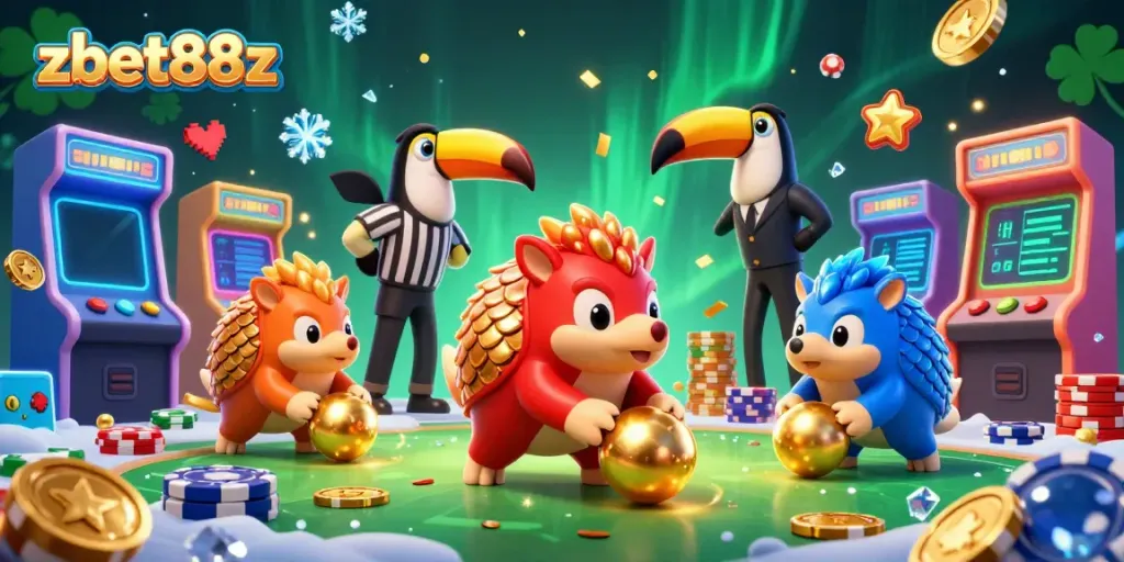 Hit the jackpot with zbet88z as pangolins roll balls and poker chips in a dynamic casino competition.