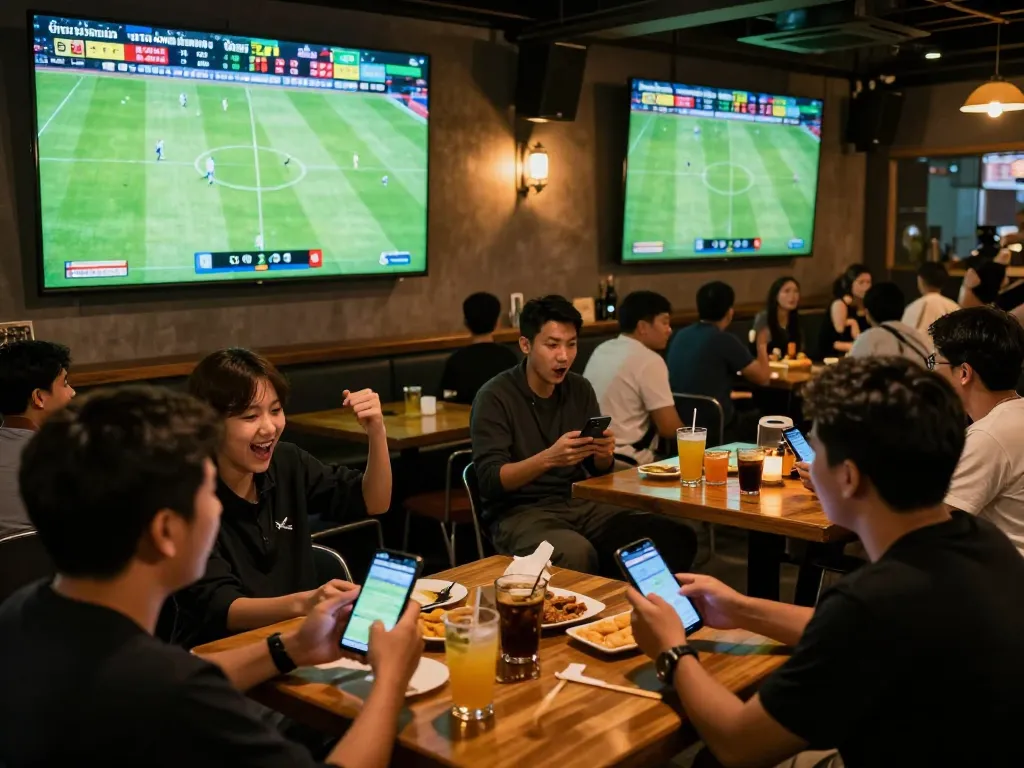 Engaged fans placing bets on บ้านผลบอล7m at a lively sports bar during a soccer match.