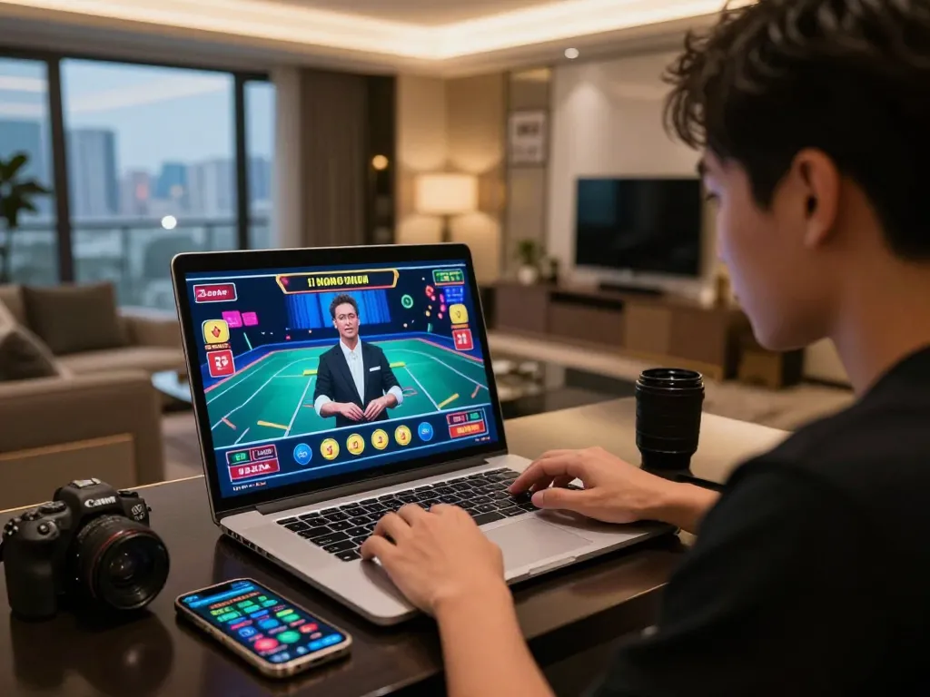 Engaging online casino gameplay in hk with laptop and live dealer, showcasing strategic betting.