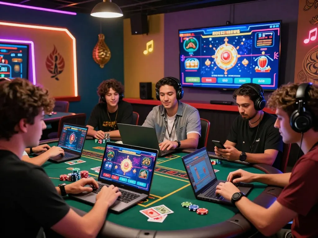 Spannende Szene von Spielern, die in das Spielerlebnis der suomalaiset pikakasinot mit lebhaftem Dekor und Atmosphäre eines Live-Casinos eintauchen.