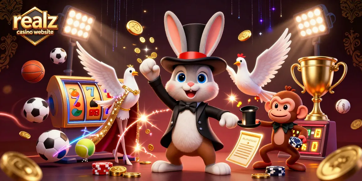 Spielen Sie auf der realz casino Website mit einem magischen Hasen, der goldene Münzen aus einem Zylinder zieht.