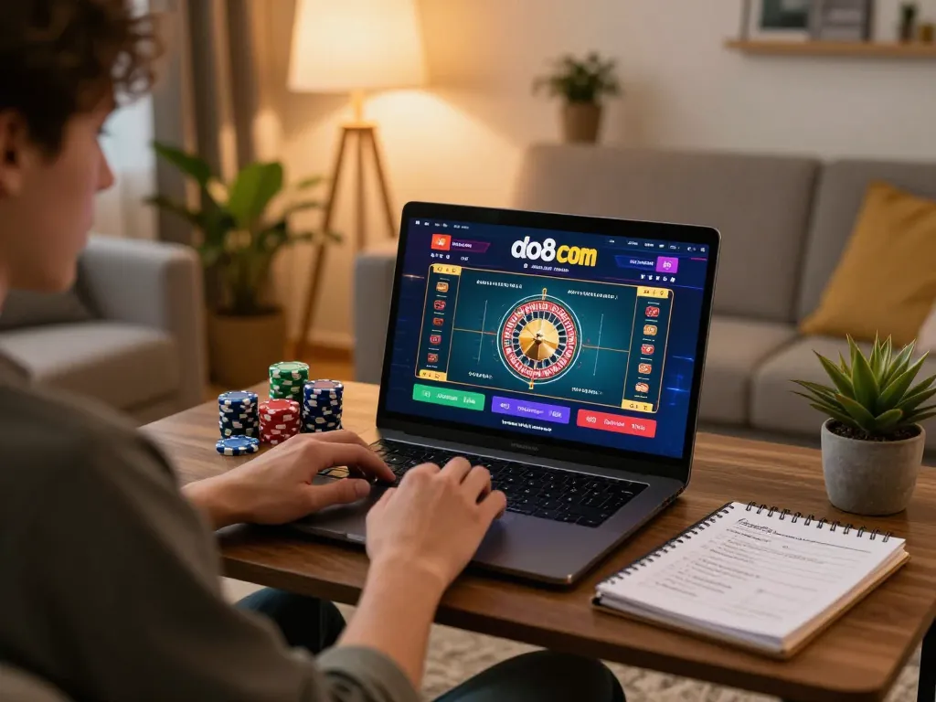 Player engaging in exciting online gambling on alo8 com, showcasing a roulette game in a cozy setting