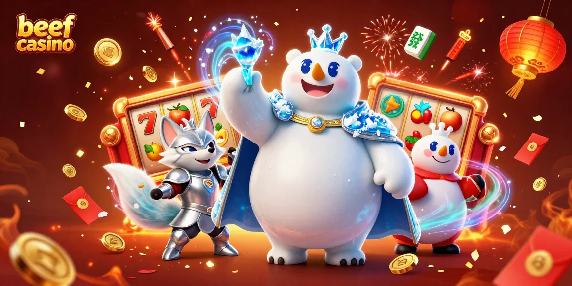 beef casino mit einem Eisbären und einem Fuchs, umgeben von Spielautomaten und Glücksbringern