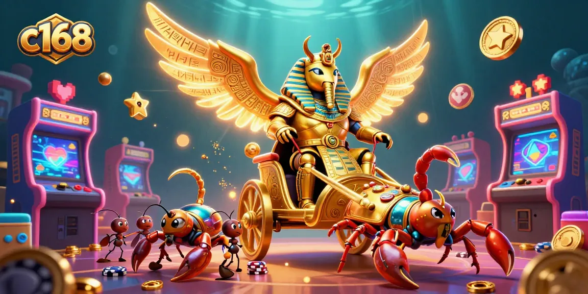 C168 showcases a golden scarab beetle character amidst vibrant casino-themed chaos.