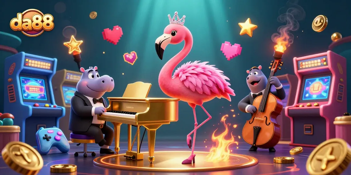 Experience the vibrant world of da88 with a lively casino scene featuring a flamingo singer and hippo bassist.
