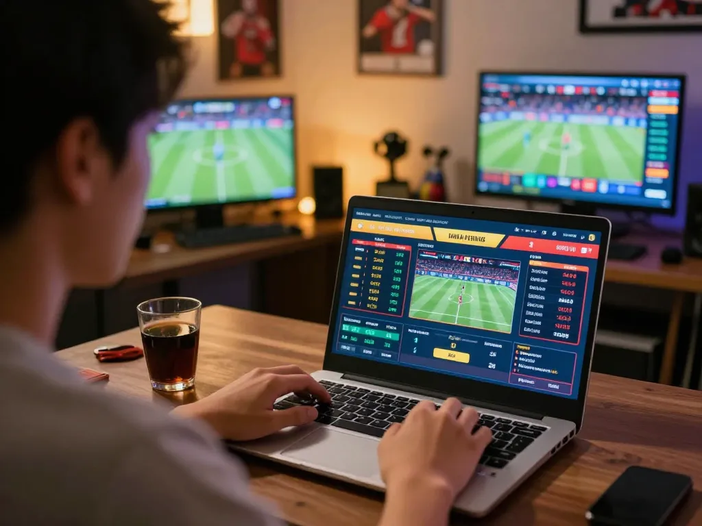 Person placing bets online with tỷ lệ kèo nhà cái hôm nay displayed on the laptop screen in a lively sports setting.
