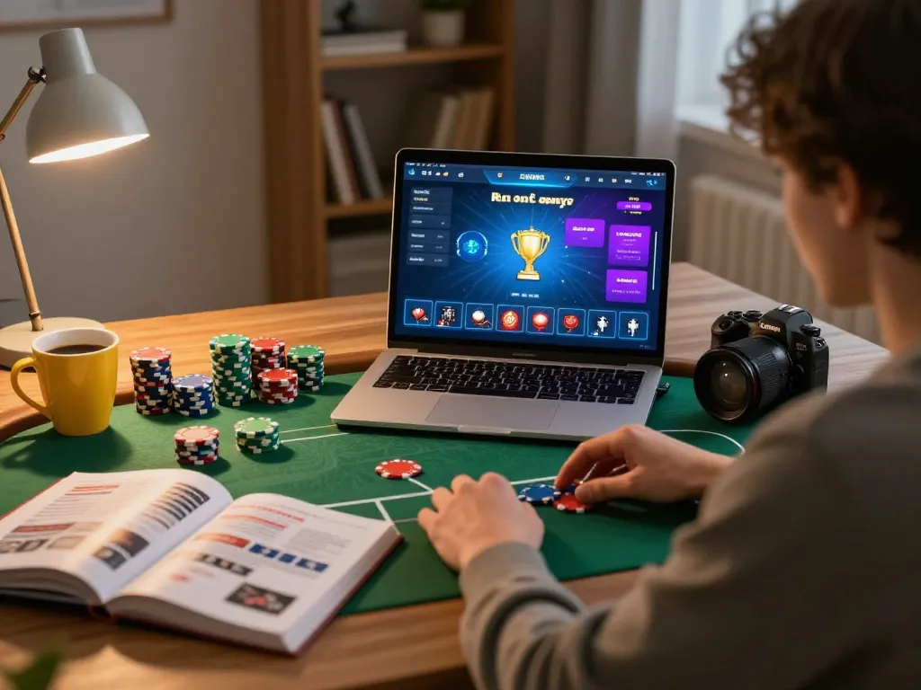 VT88 player engaging in online poker strategy with vibrant interface and colorful chips in cozy home atmosphere.
