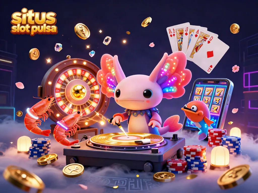 Sparkling gems and coins fly as site slot pulsa characters spin records and play in a vibrant casino scene.