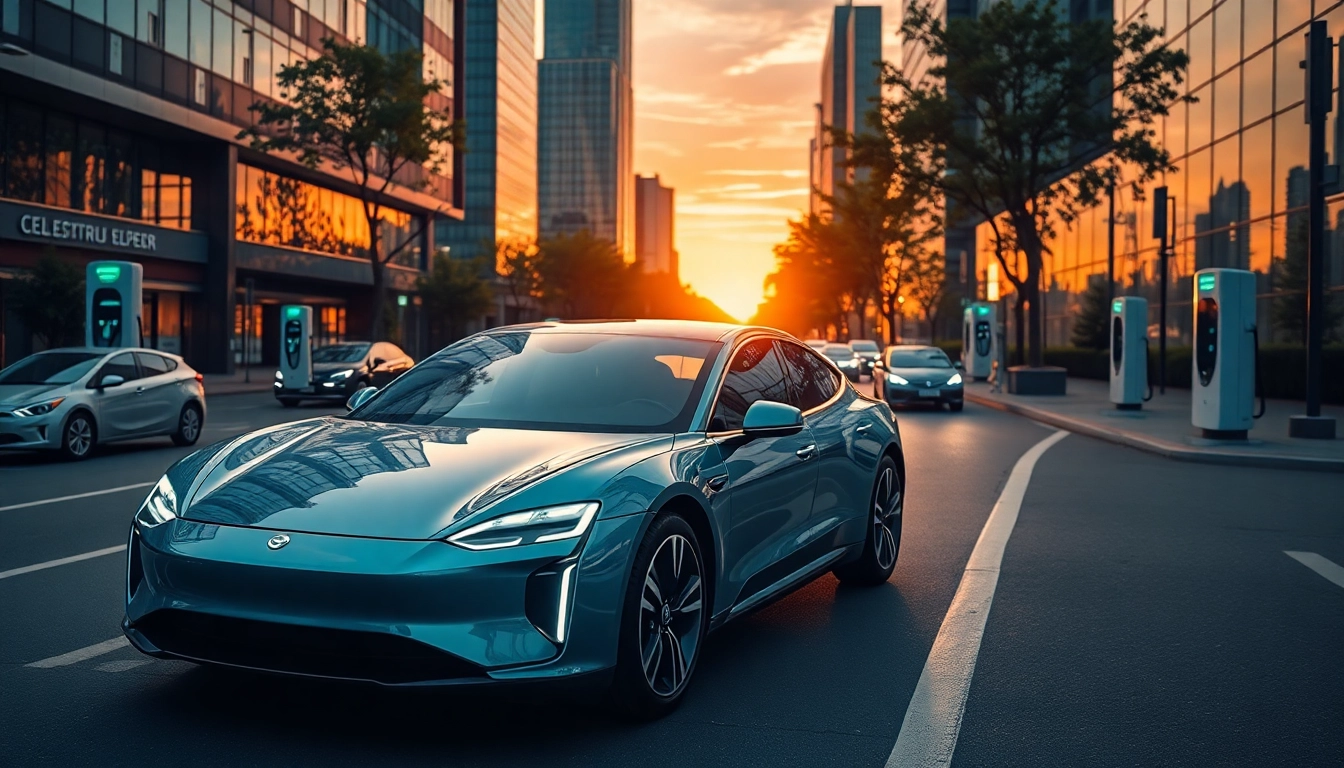 Elektroautos zeigen moderne, umweltfreundliche Fahrzeuge in einer lebendigen Stadtlandschaft.