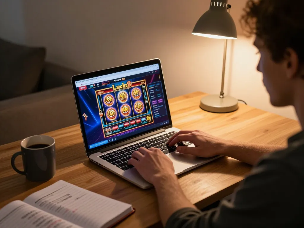 Lucks8 player engaging with online casino games on laptop in a cozy home setting