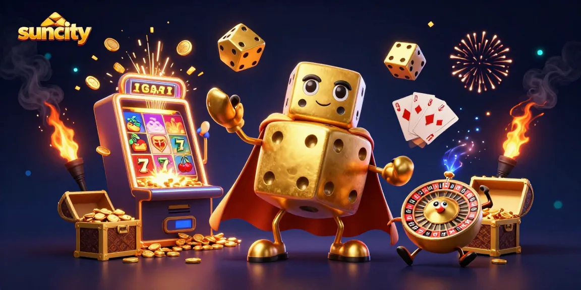 Suncity offers a lively casino scene with golden dice golem and dynamic gaming elements.