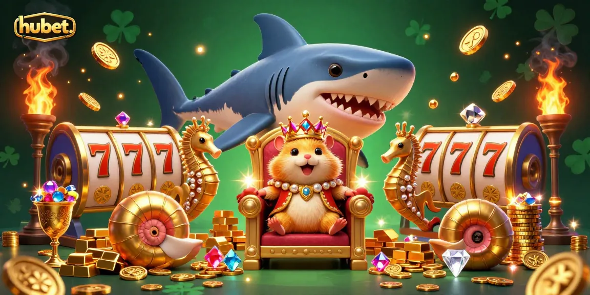 Experience thrilling slots action with hubet. illustrated in a vibrant 3D scene featuring a golden hamster king and treasure.